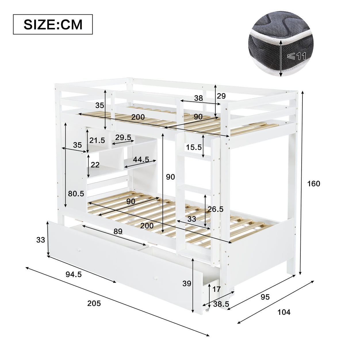Bunk Bed 90x200 cm with 2 Drawers, Shelf & Ladder, White Wood