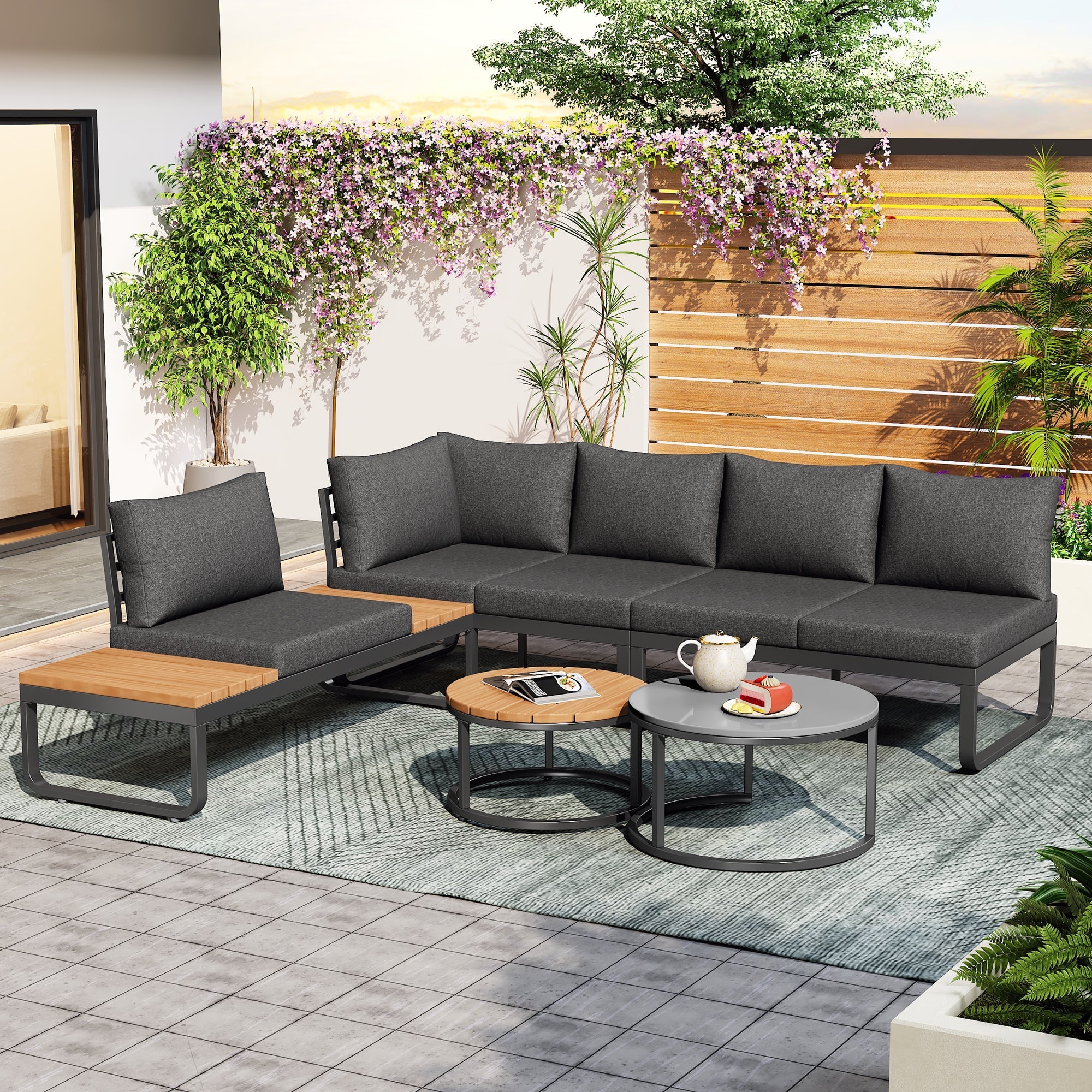 Garden Furniture Set 4-5 Seater with 2 Stackable Coffee Tables Adjustable Legs Galvanized Iron Grey