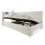 Upholstered Bed 90x200 with Storage & LED Lighting, Beige Velvet