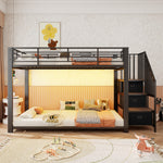 Metal Bunk Bed 90x200cm with Stairs, Storage & LED, Black