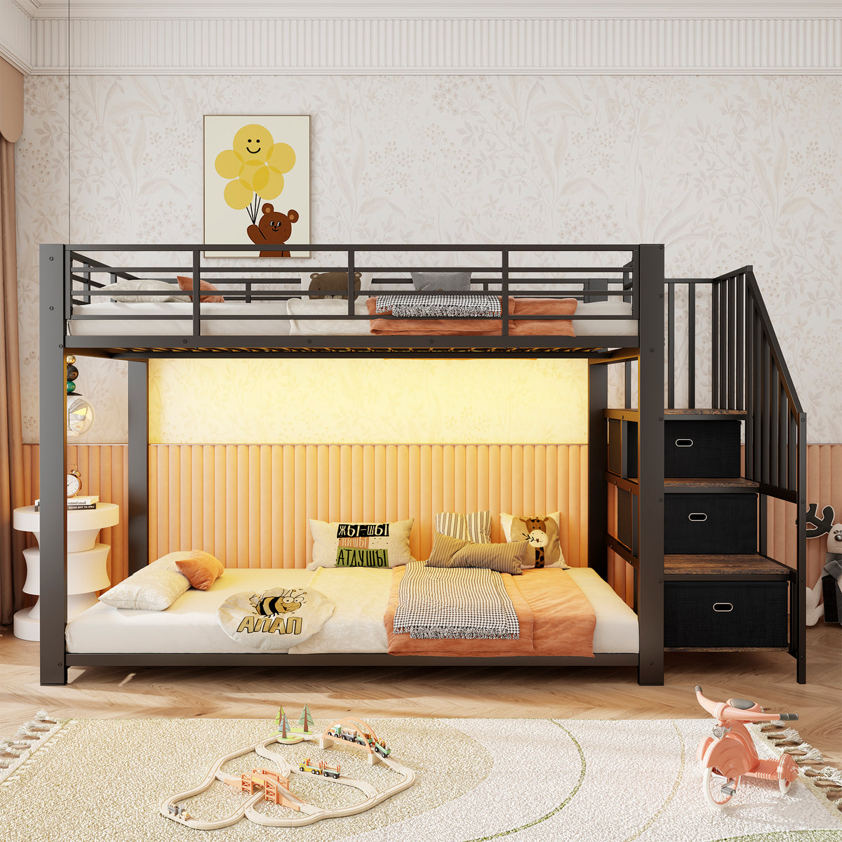 Metal Bunk Bed 90x200cm with Stairs, Storage & LED, Black