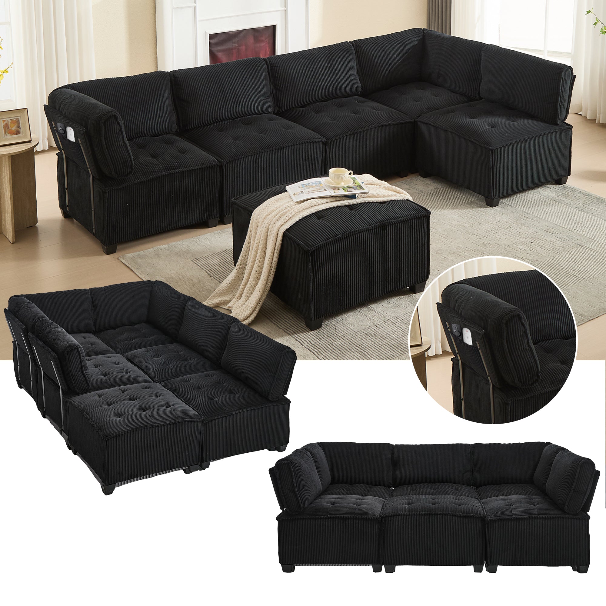 Modular Sofa 6-Seater 308cm, Ergonomic Storage Pockets, Corduroy Black