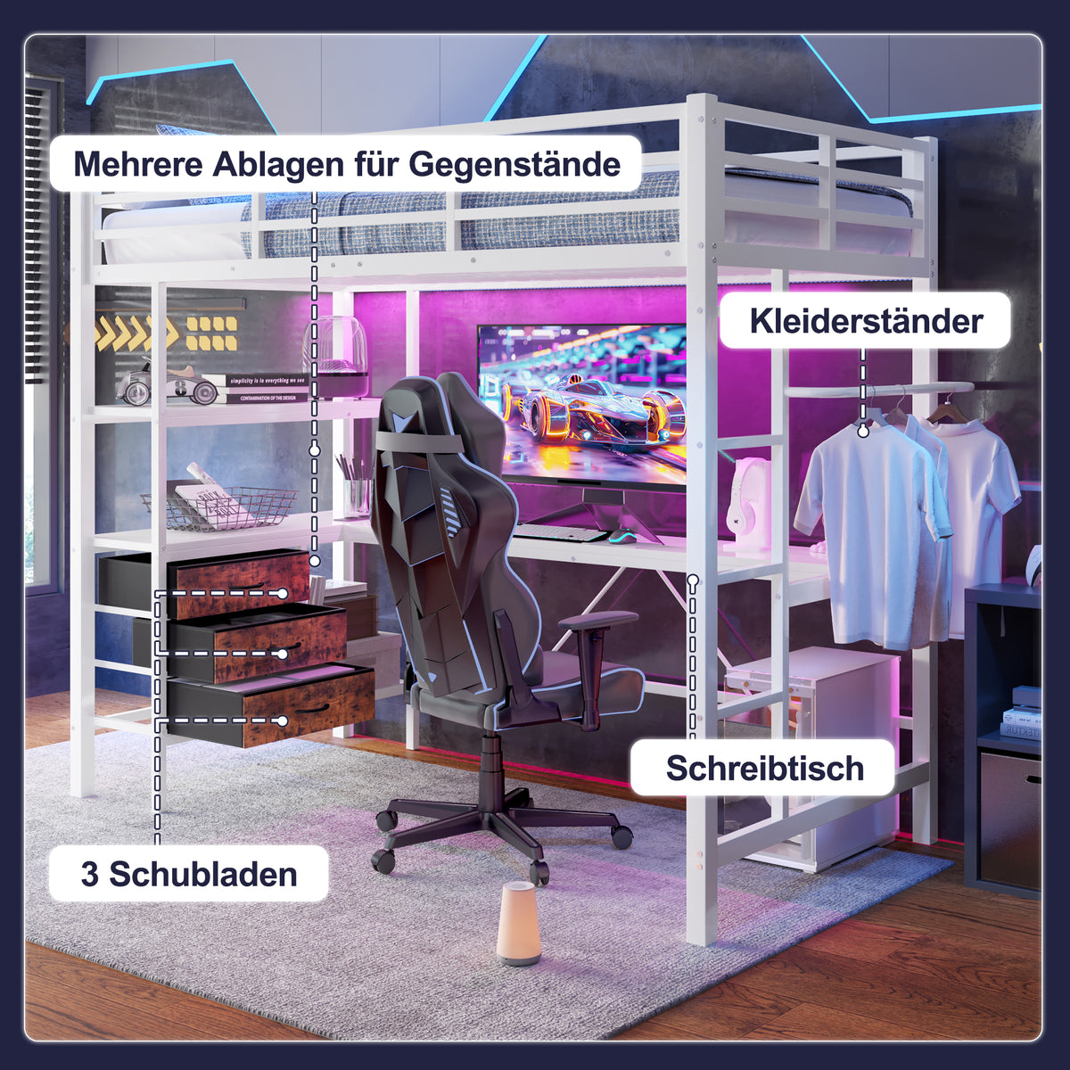 Loft Bed 90x200cm with Desk, LED Lights & Drawers, White