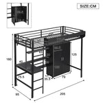 Iron Bunk Bed with Table, Wardrobe, Storage, 5-Step Ladder, 90x200cm - Black Iron/Chipboard