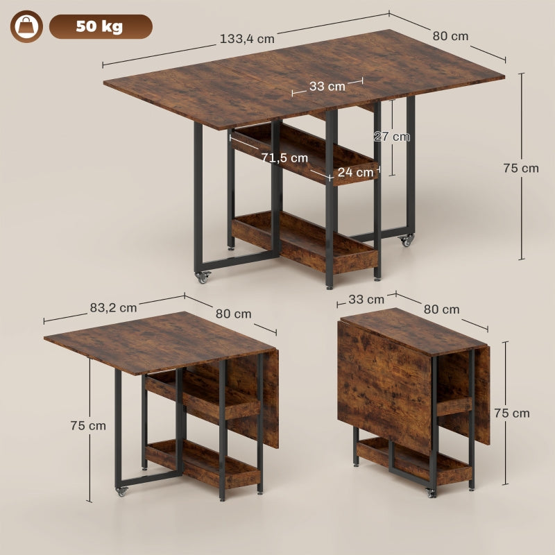 Folding Dining/Kitchen Table for 2-4 People, 2 Open Shelves, Portable, Rustic Brown