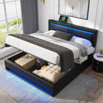 Upholstered Bed with USB Port, LED Lighting and Storage, 140x190cm, Black PU Leather