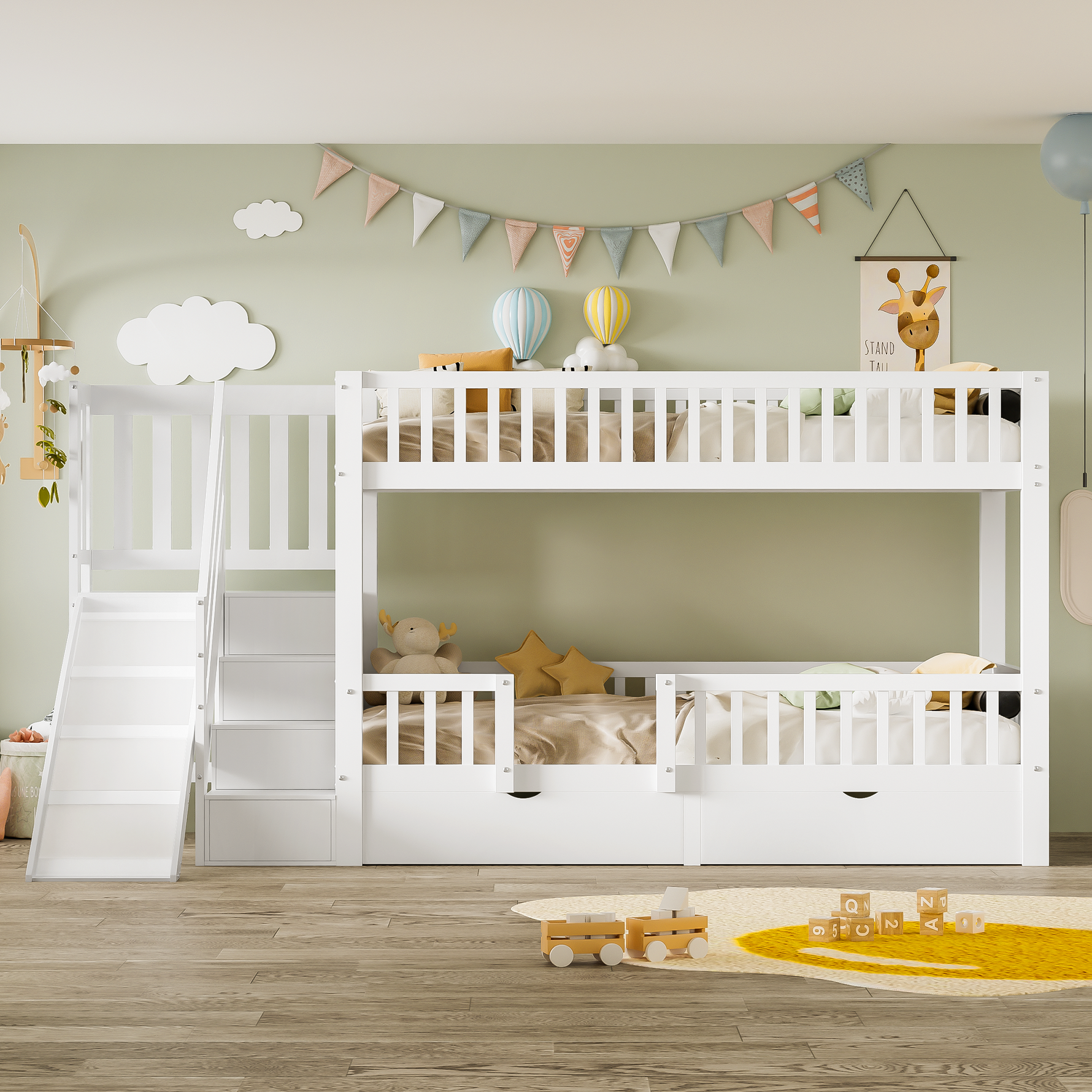 Children's Bunk Bed Multifunctional Slide Stairs 2 Drawers Solid Wood, White 90x200