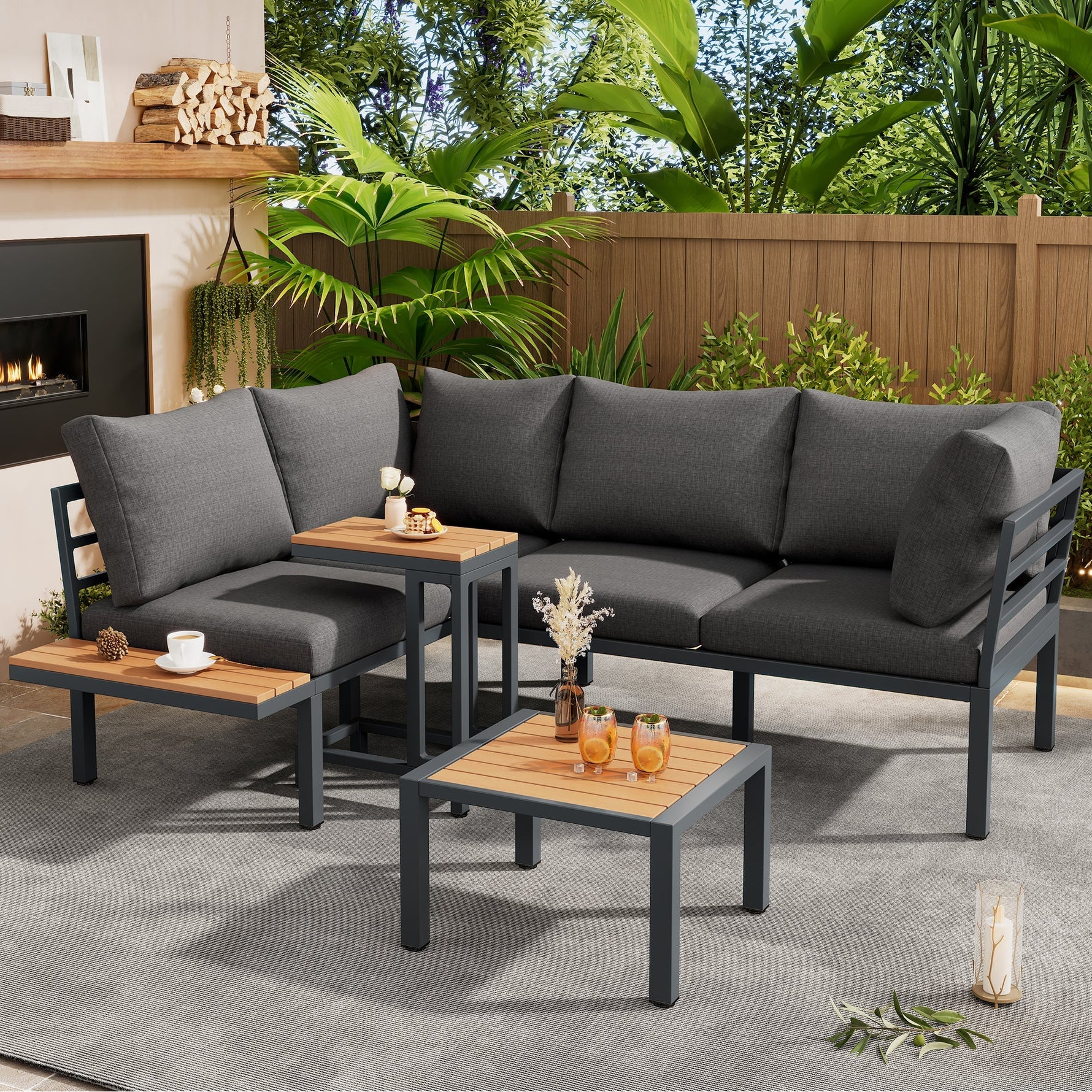 Garden Furniture Set with Sofa and Multi-functional Tables, Galvanized Steel and Wood-look Plastic, Grey and Black