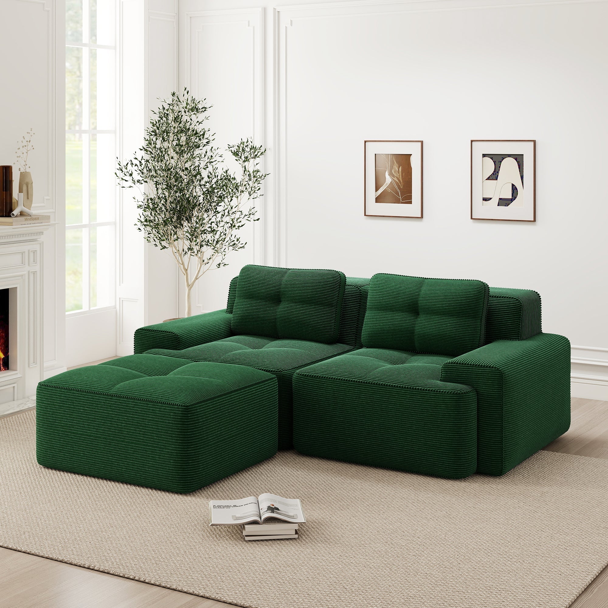 Boneless Modular Sofa L-Shaped Sleeper Ottoman Tufted - Corduroy Green