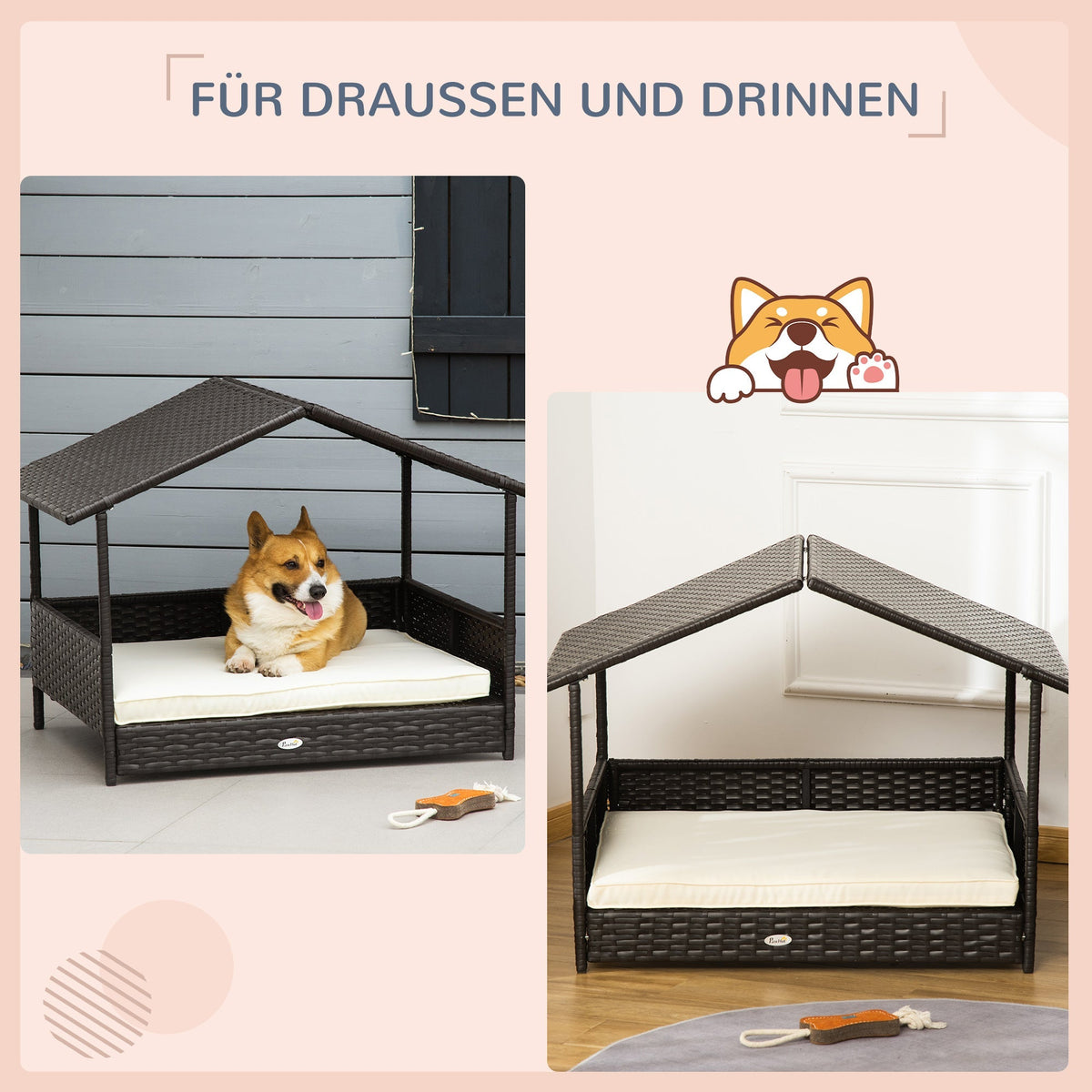 Rattan Dog House, Outdoor Bed, Steel Frame, Coffee-Brown