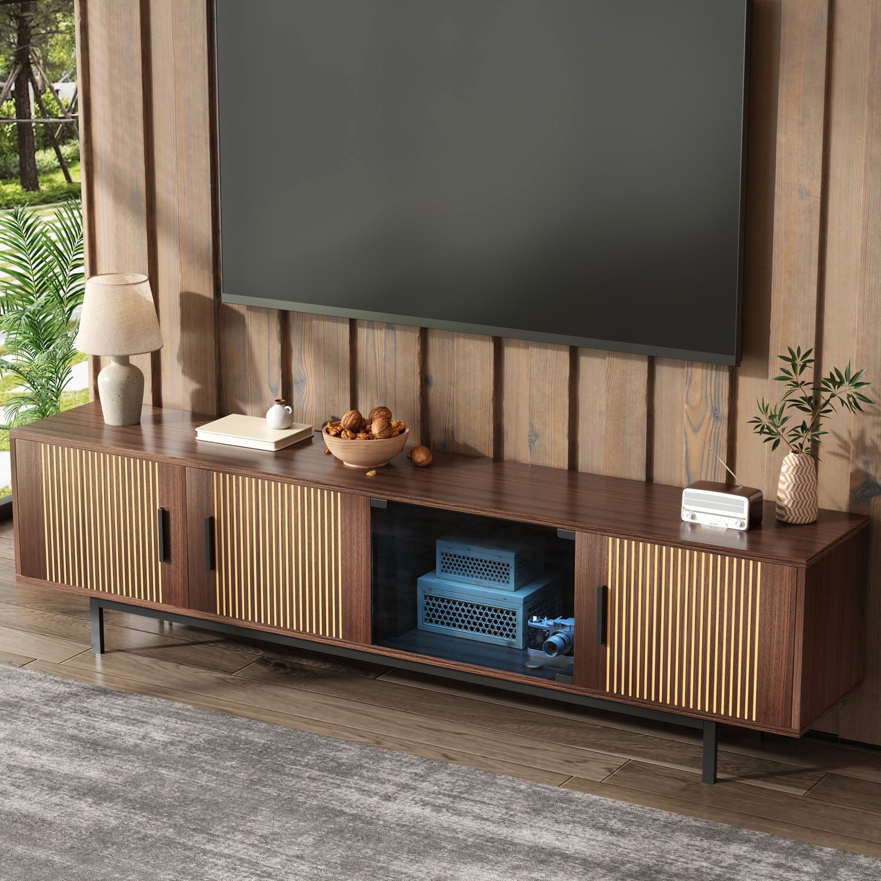 TV Cabinet Lowboard Carved Texture LED Light Tempered Glass