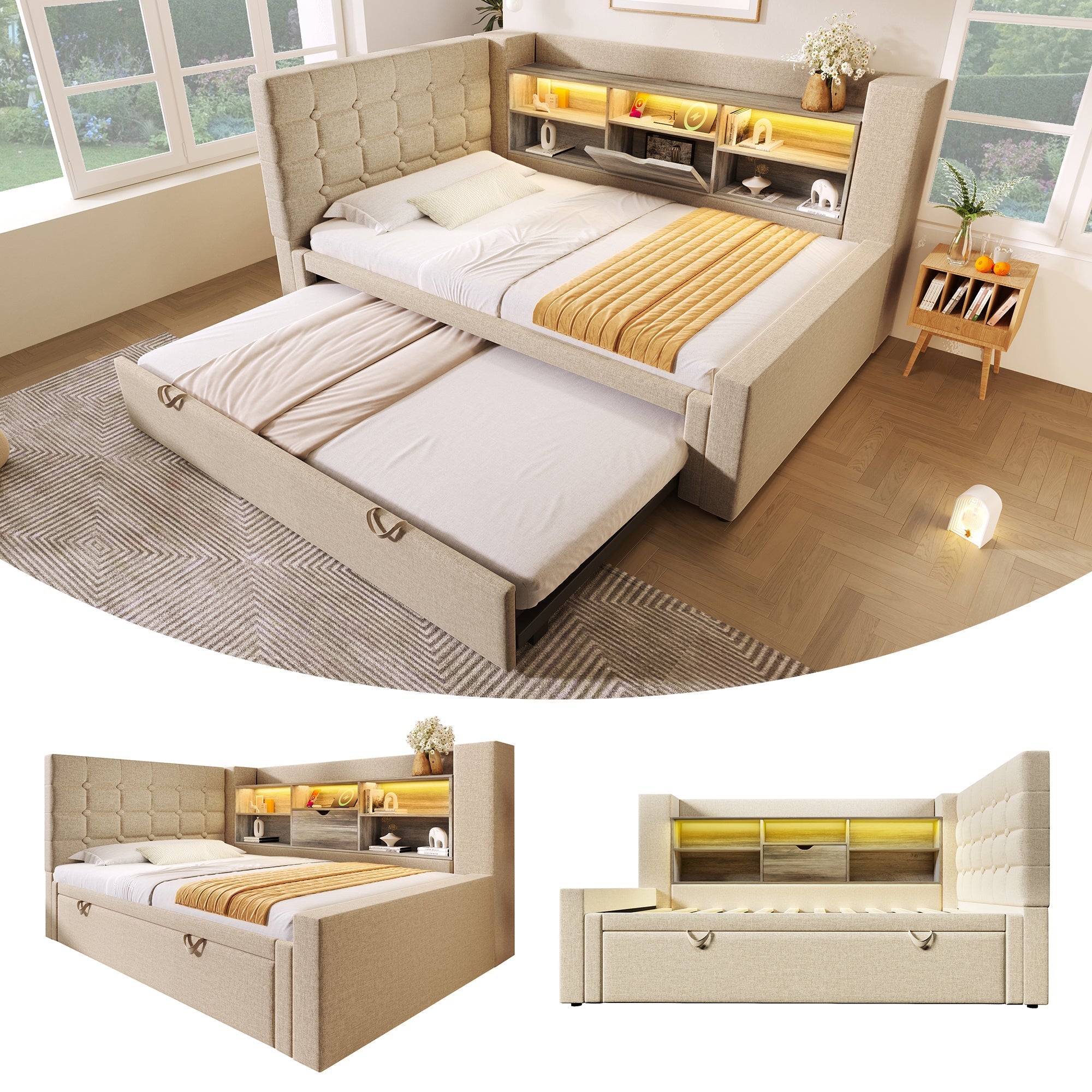 Upholstered Bed 90x200cm Pull-Out Bed LED Storage Headboard - Linen Beige