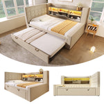 Upholstered Bed 90x200cm Pull-Out Bed LED Storage Headboard - Linen Beige