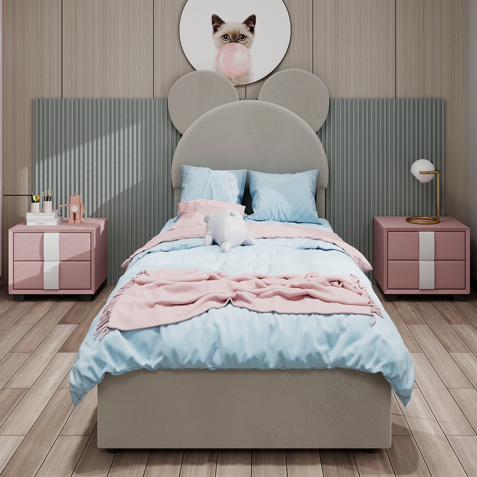 Modern Minimalist Upholstered Bed, Soft Cartoon-Design Headboard, Storage Base, Beige