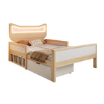 Children's Bed with Cat Ear Headboard, RGB LED Lighting, Storage Drawer and Safety Rails, 90x190cm, White and Oak