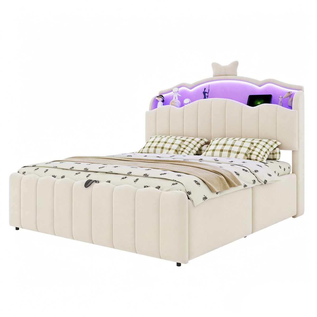Upholstered Children Bed 140x200 Storage & LED, Beige Velvet