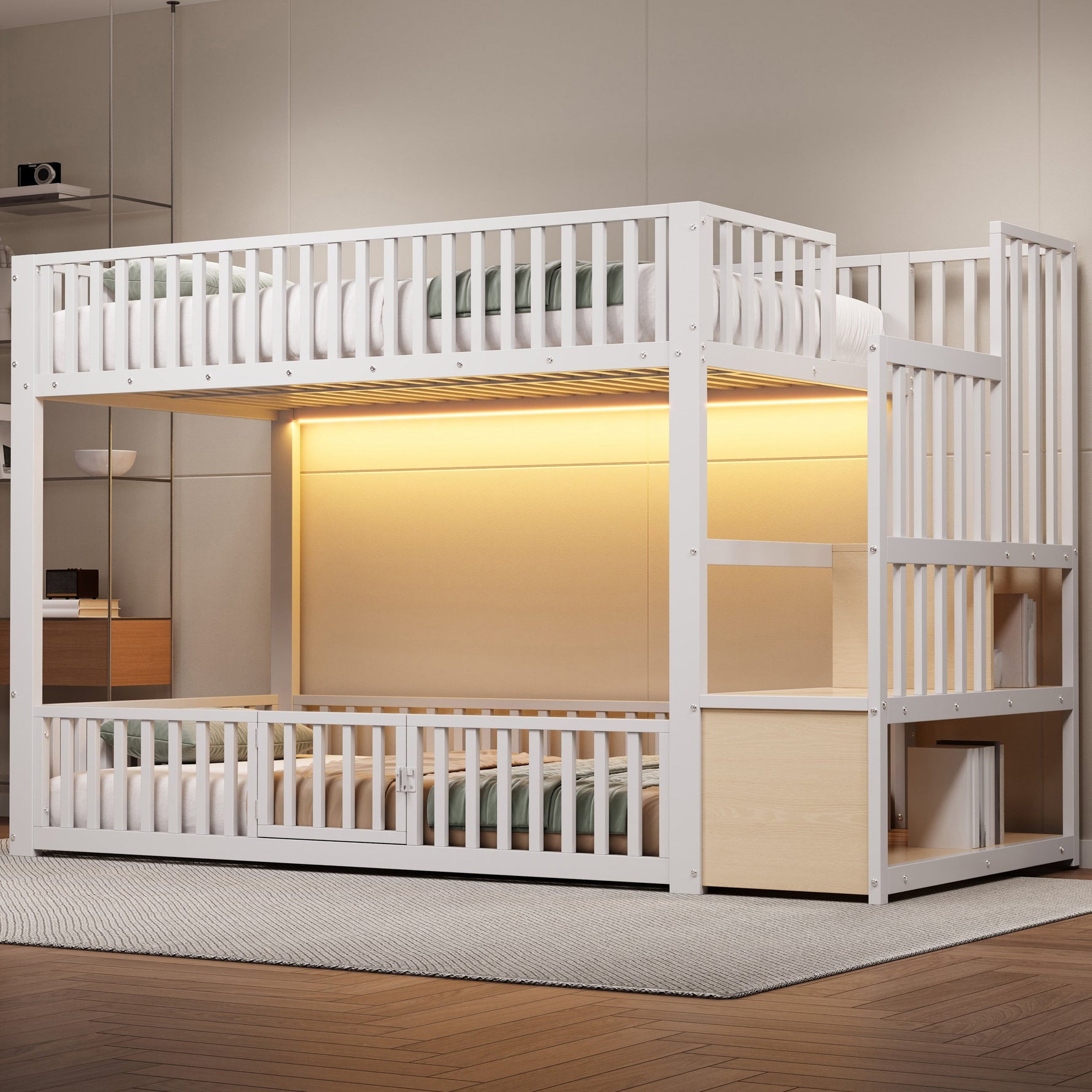 Bunk Bed with Storage Ladder and LED, 90x200cm, White