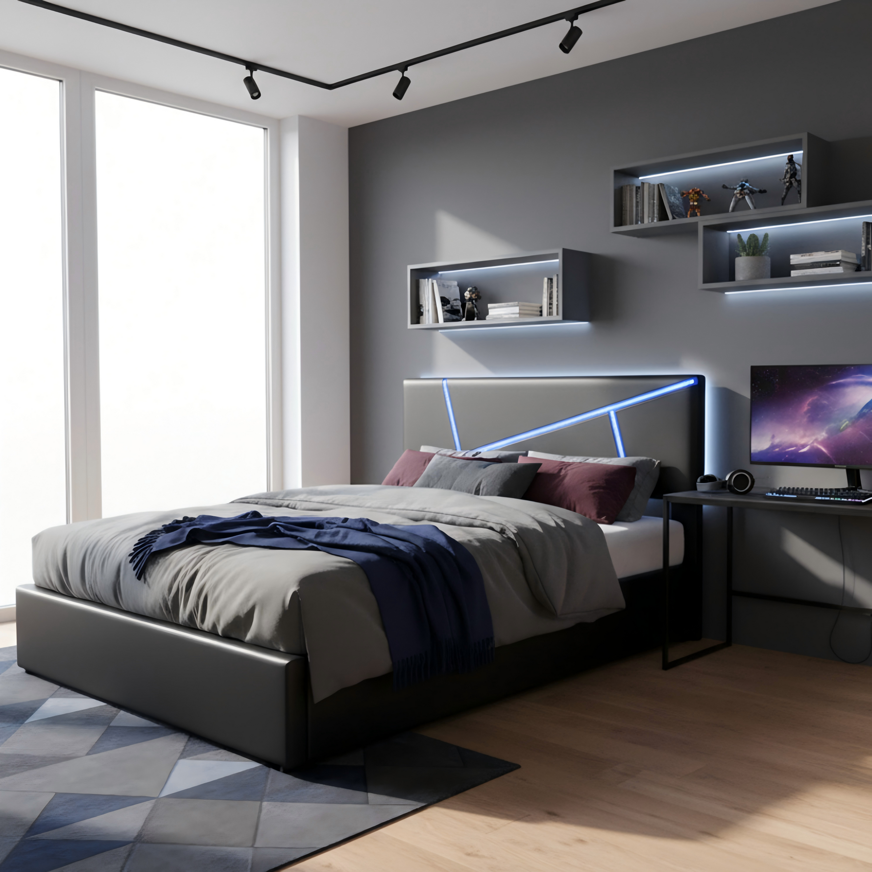 Upholstered Bed 90x200cm Hydraulic Storage LED - Black Synthetic Leather