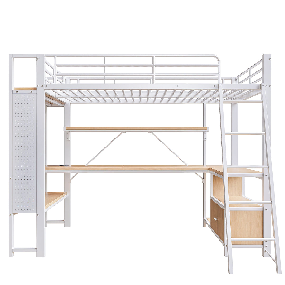 Loft Bed 90x200cm with Desk, LED & USB, White Iron Frame