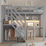 Solid Wood Loft Bed 140x200 with Desk, Storage & LED, Grey