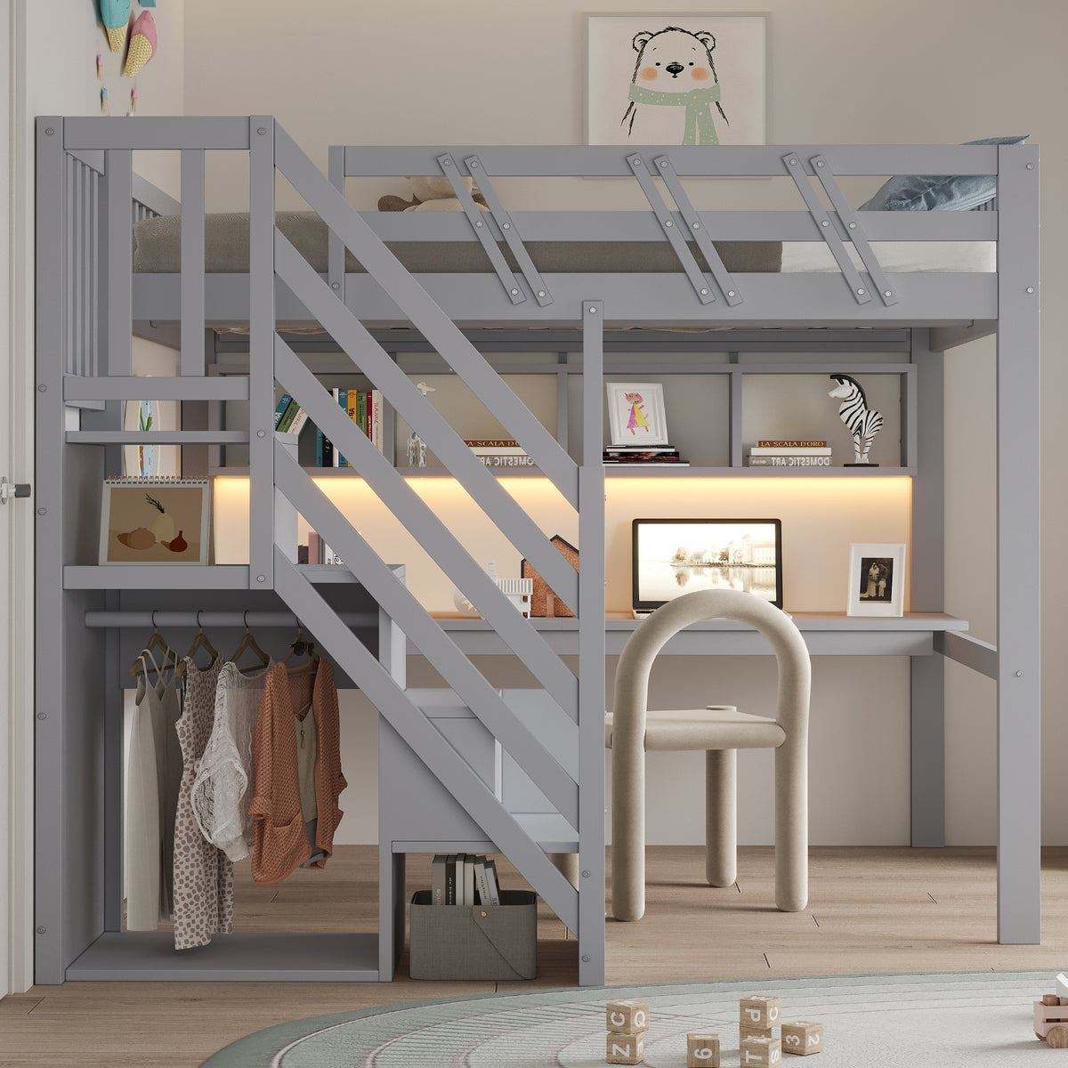 Solid Wood Loft Bed 140x200 with Desk, Storage & LED, Grey