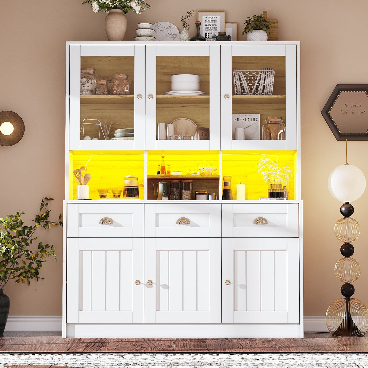 Tall Kitchen Cabinet 140x40x175cm Adjustable Shelves LED Lighting White/Black