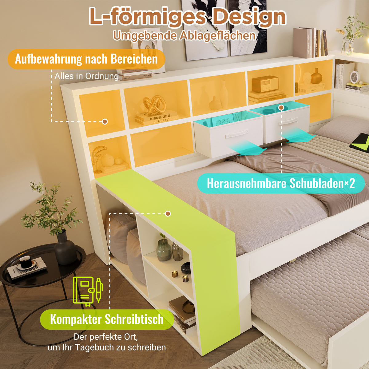 Storage Bed 140x200 with Pull-Out Bed & USB Ports, White Wood