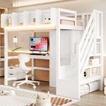 Multifunctional Loft Bed 90x200cm with Desk & Wardrobe, White