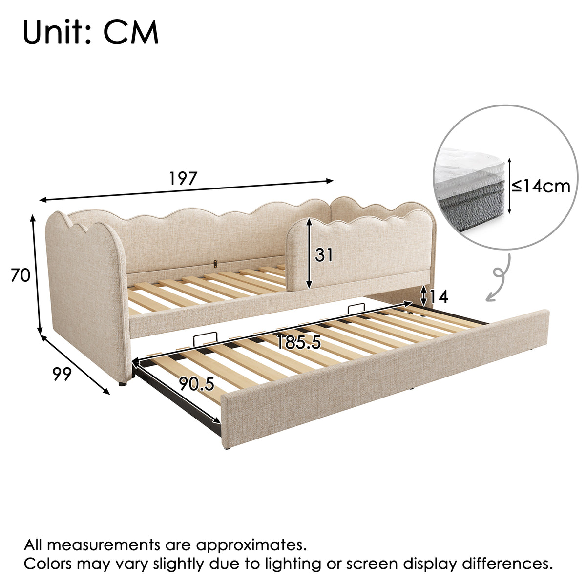 Upholstered Single Bed 90x200cm with LED & Storage, Beige Velvet