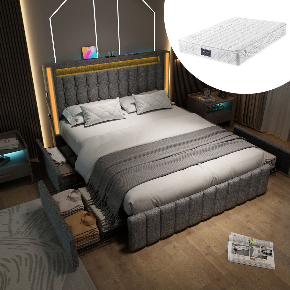 Upholstered Bed, USB Type C, LED, 4-Drawer, 140x200cm, Gray