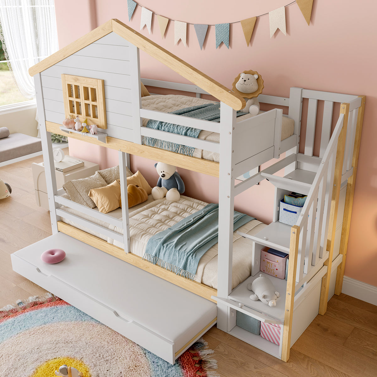 Bunk Bed 90x200cm with Trundle & Storage Ladder, White + Natural