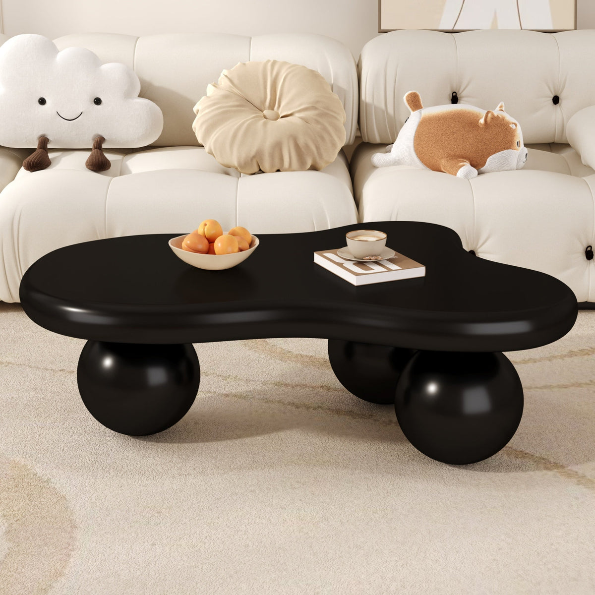 Coffee Table, Cloud-Shaped with LED Lighting & Round Legs, Black