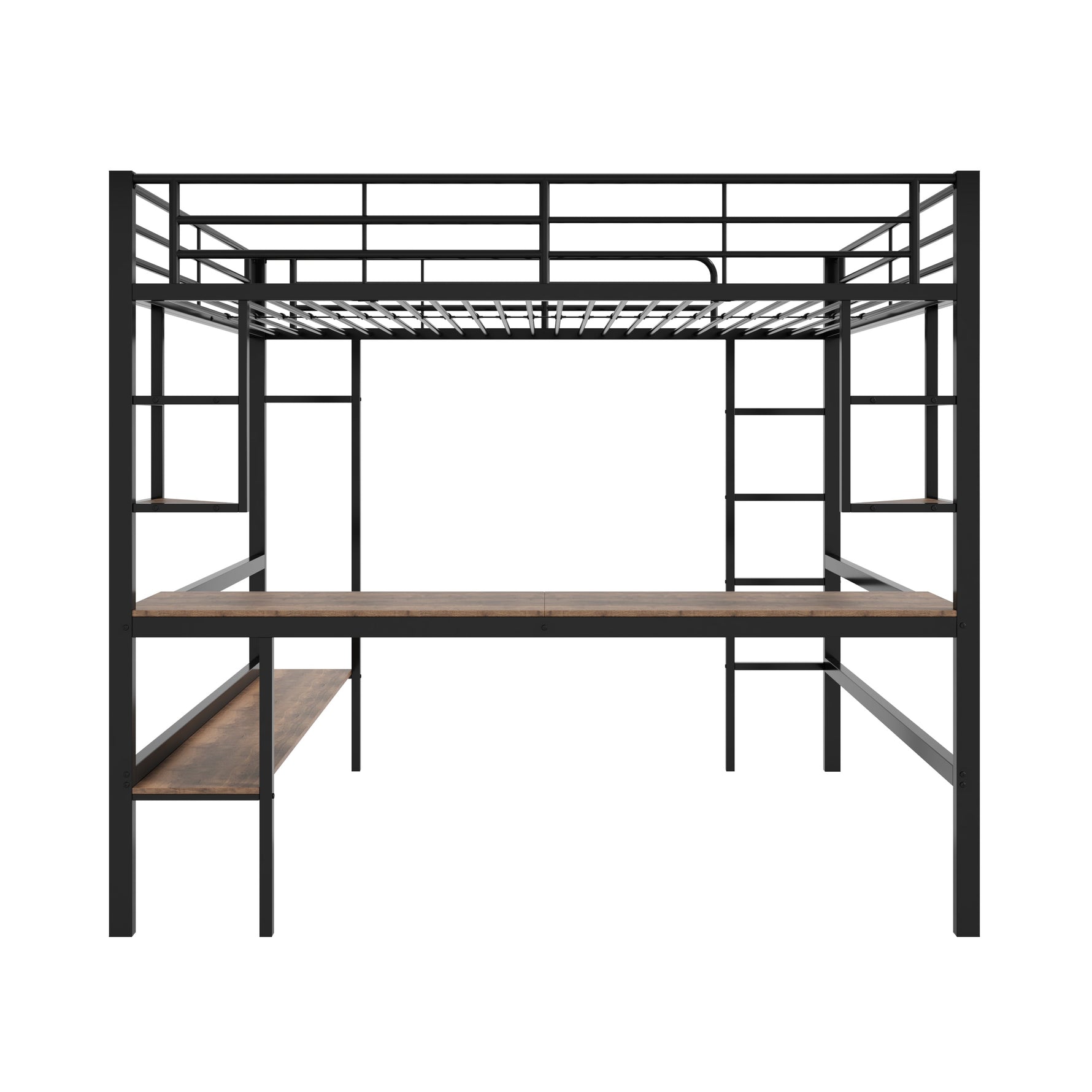 Loft Bed 140x200cm Metal Frame with Desk Shelves & Bookcase - Black