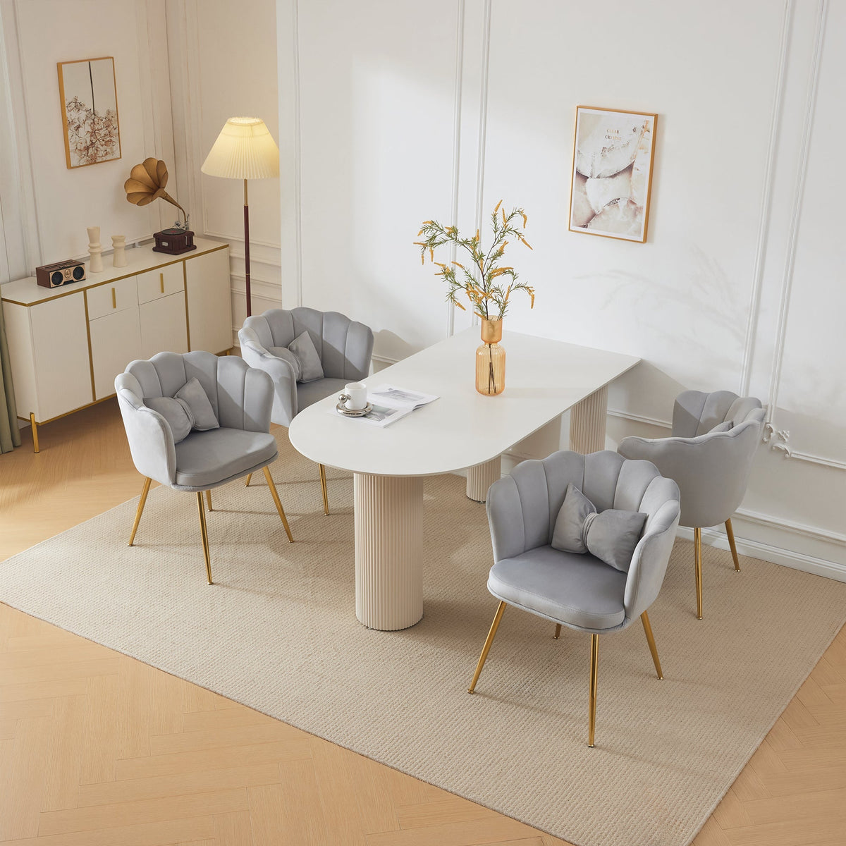 Chairs, Set of 4 Velvet Upholstered with Petal Back & Gold Legs, Modern