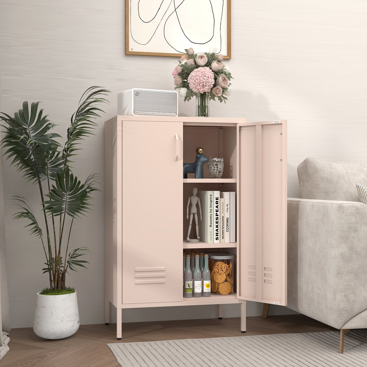 2 Door Metal Storage Cabinet with 2 Adjustable Shelves, Pink