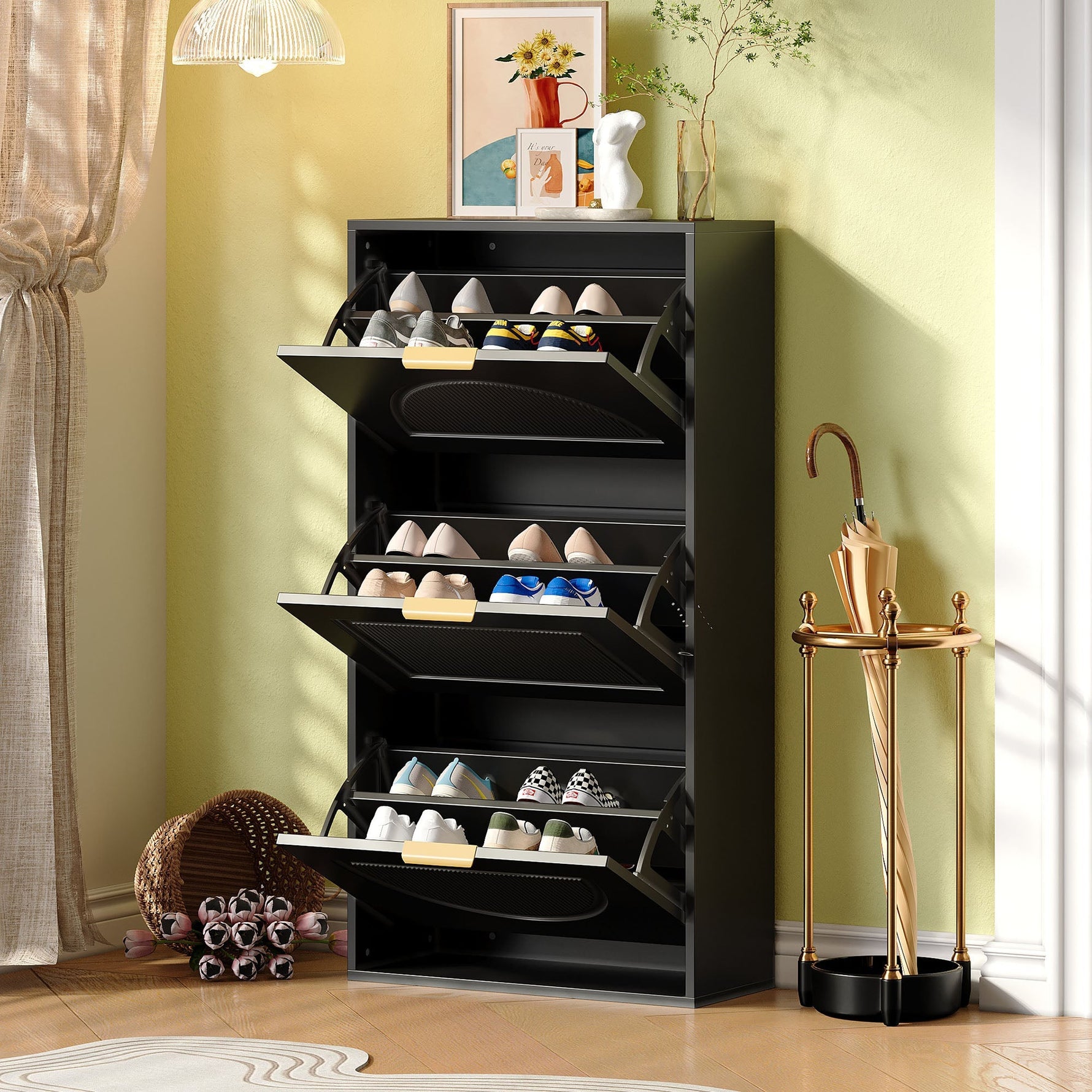 Narrow Shoe Cabinet with 3 Doors for Hallway and Living Room, Black