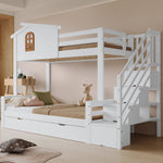 Bunk Bed, Two Drawers, Corner Ladder, Pine + MDF + Plywood, White + Natural