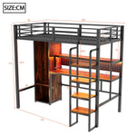 Metal Loft Bed with Large Desk, Wardrobe and LED Light Strip, Black