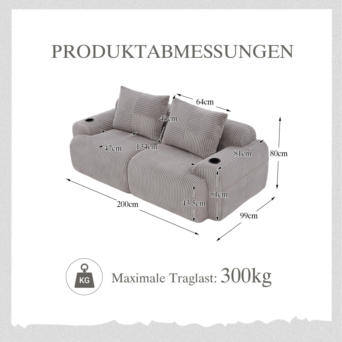 2-Seater Modular Sofa with Cup Holder and Side Pocket, Light Grey Corduroy