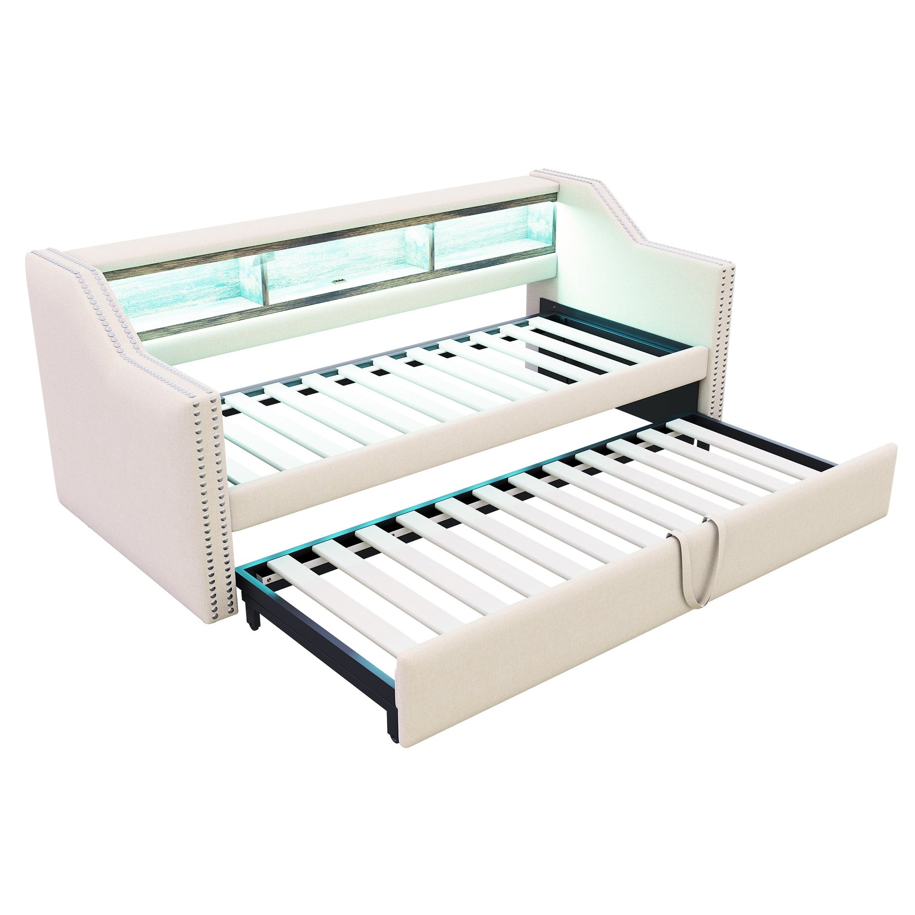 Upholstered Bed Extendable Sofa Bed 90/180 x 190 cm, Storage, LED, USB, Slatted Frame, Beige