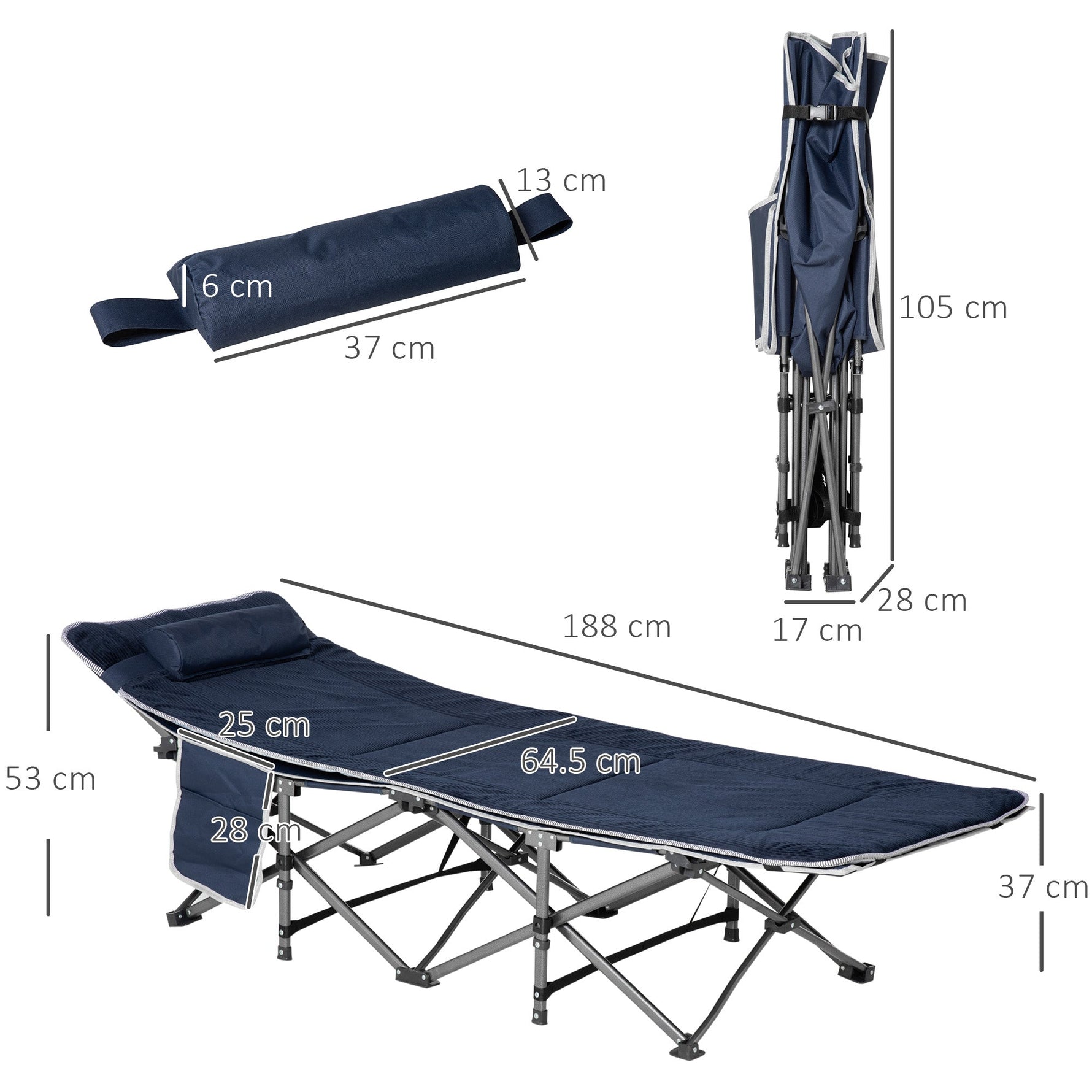 Camping Bed, Foldable with Pillow, Side Pocket, 150 kg Capacity, Oxford Dark Blue