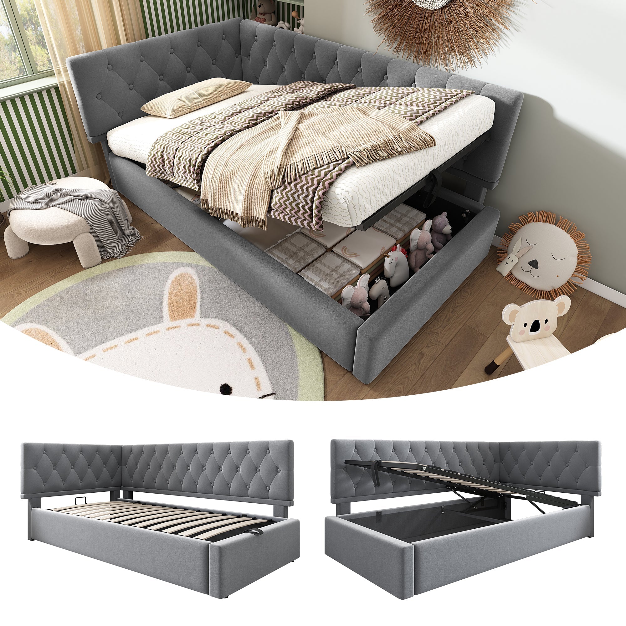 Upholstered Day Bed, 90x200cm Sofa Bed with Hydraulic Storage, Velvet Gray
