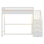 Loft Bed with LED Light Strip and Interchangeable Safety Ladders, 90x200cm, White Solid Pine Wood