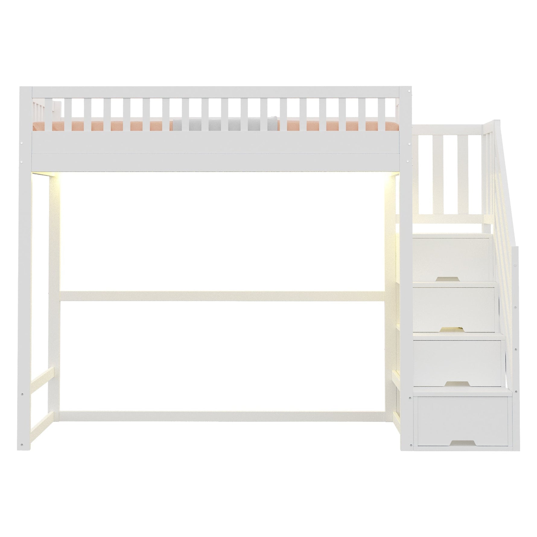 Loft Bed with LED Light Strip and Interchangeable Safety Ladders, 90x200cm, White Solid Pine Wood