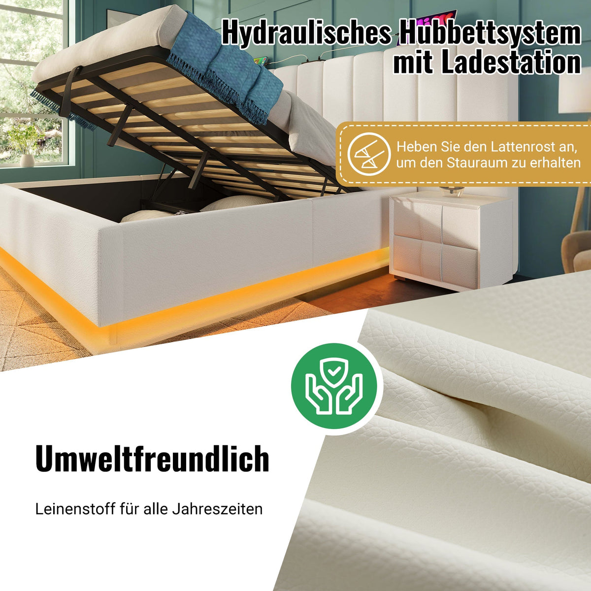 Upholstered Bed 160x200, Double Storage with App Control LED & USB-C, White PU