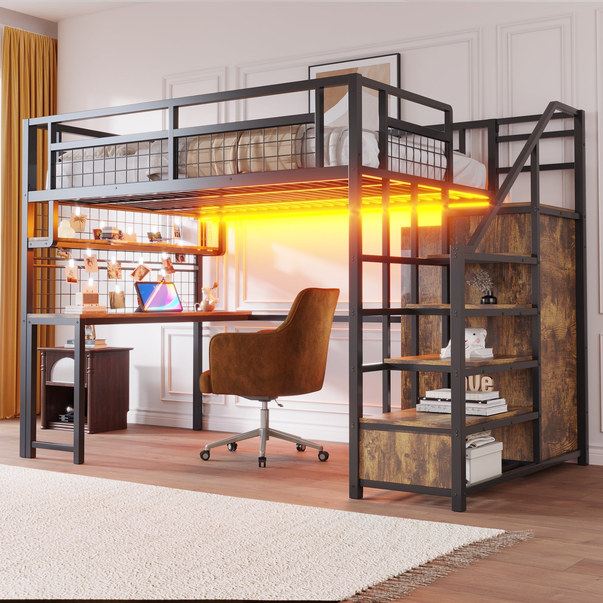 Metal Loft Bed with Storage Ladder, Wardrobe, Table, Shelf and LED, 140x200cm, Black Metal