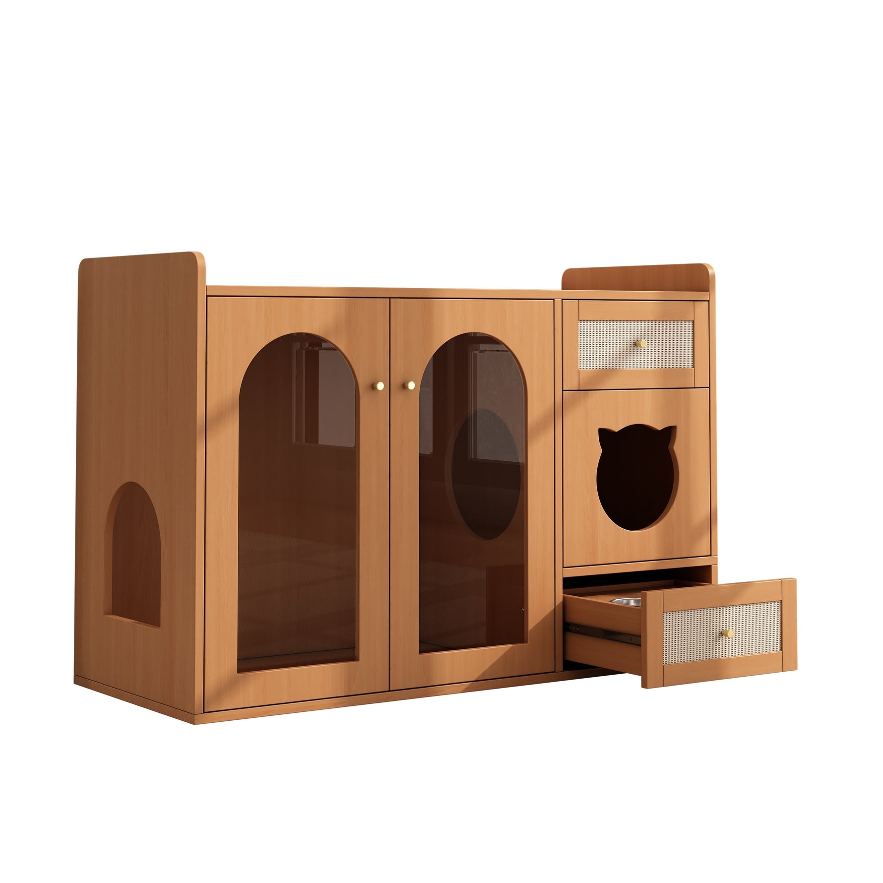 Cat House Litter Box Cabinet Multi-purpose with Food Bowls and Storage, Walnut Color
