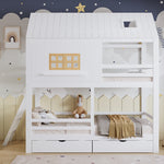 Children's Bunk Bed with Roof, Windows & Drawers, White Pine