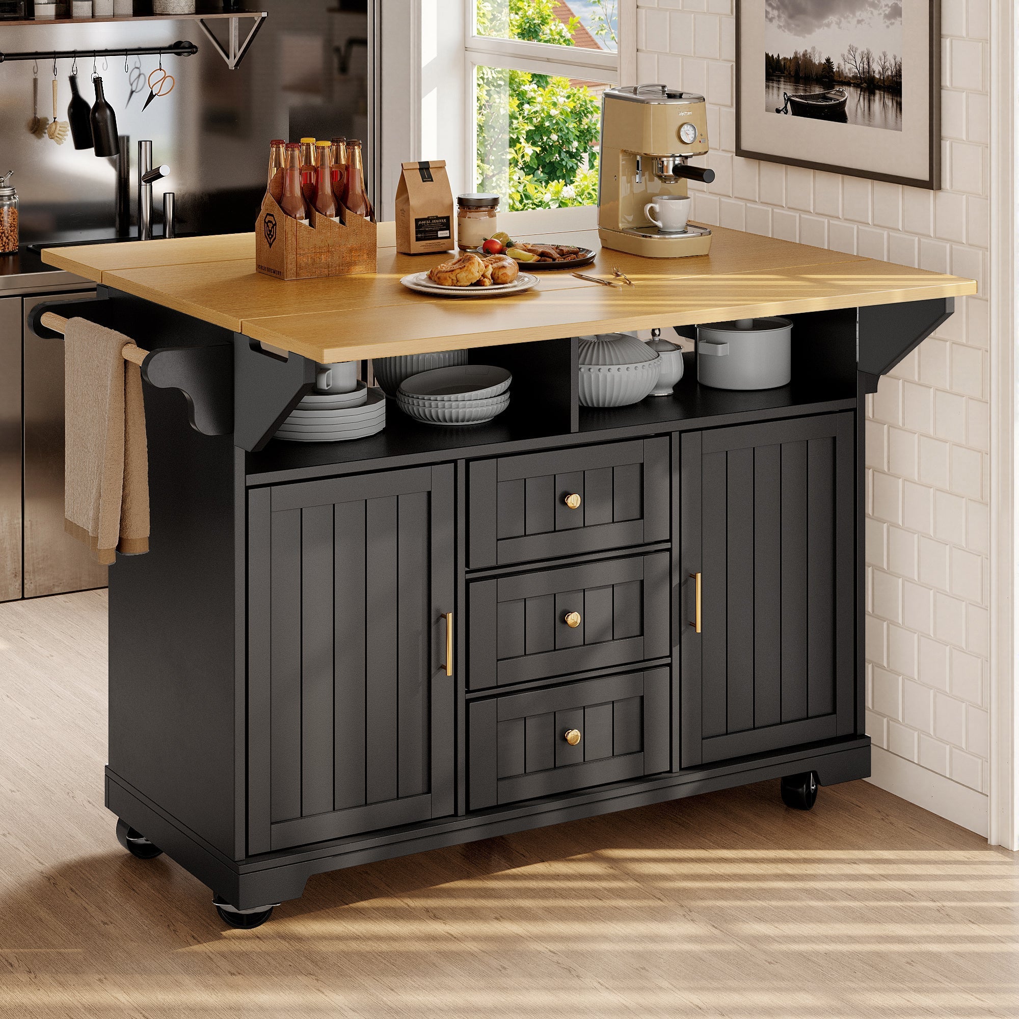 Kitchen Island Sideboard 120cm Extendable Trolley Towel Rail Spice Rack 2 Doors 3 Drawers Black/White