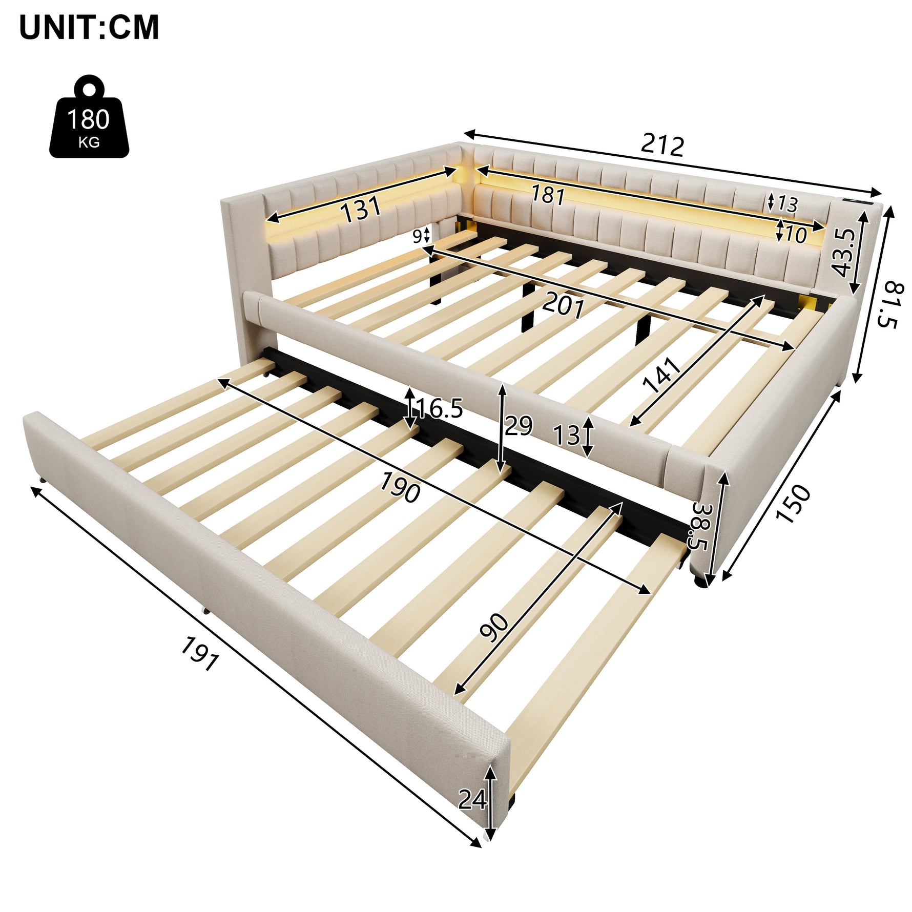 Daybed with Pull-Out Bed, LED Light Strip and USB Ports, Beige Linen